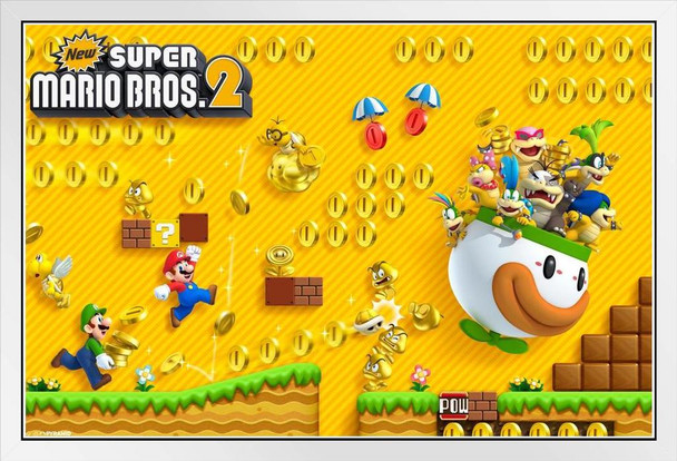 New Super Mario Bros 2 Coins White Wood Framed Poster 20x14