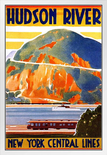 New York Hudson River Central Lines Train Railroad Valley River Vintage Illustration Travel White Wood Framed Poster 14x20