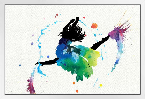 Dancing Girl Colorful Watercolor White Wood Framed Poster 14x20