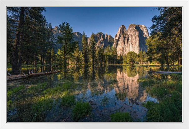 Cathedral Peak Yosemite National Park Reflection Landscape Photo White Wood Framed Poster 20x14