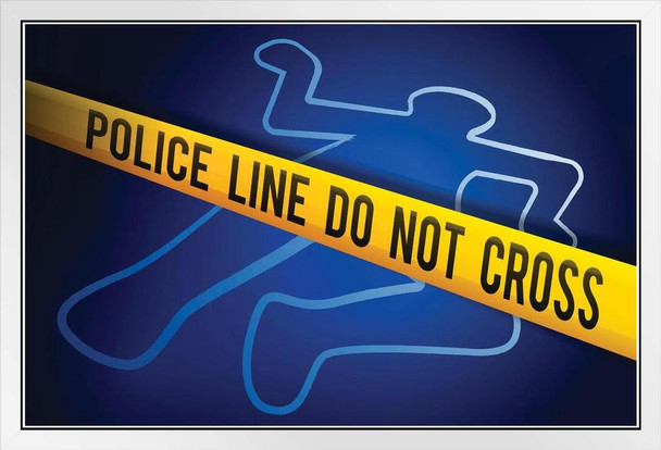 Crime Scene Tape Homicide Dead Body Outline White Wood Framed Poster 20x14
