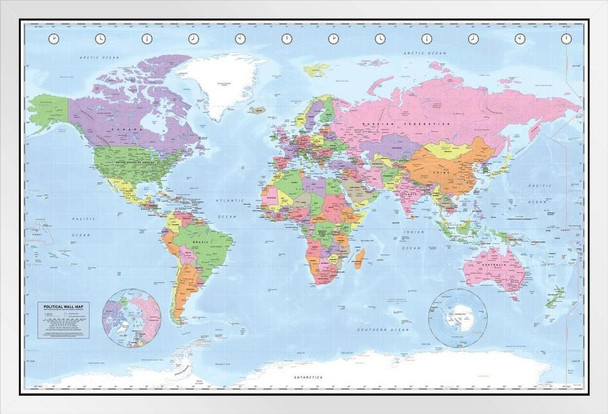 World Map Political Classroom Educational Learning Reference Geography History White Wood Framed Poster 20x14