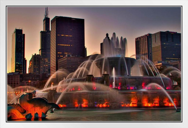 Buckingham Fountain at Sunset Chicago Illinois Photo Photograph White Wood Framed Poster 20x14