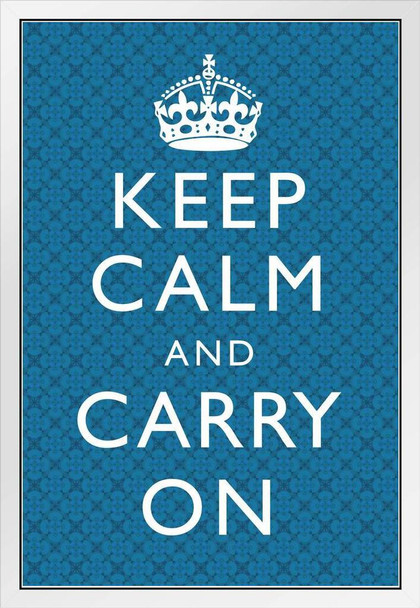 Keep Calm Carry On Motivational Inspirational WWII British Morale Blue Plaid White Wood Framed Poster 14x20