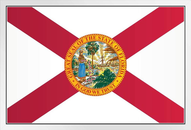 Florida State Flag Official Seal of Florida In God We Trust White Wood Framed Art Poster 14x20