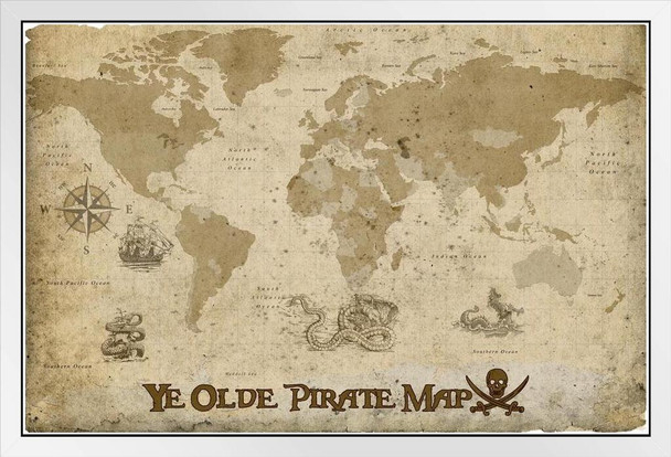 Ye Olde Pirate Map by ProMaps Travel World Map with Cities in Detail Map Posters for Wall Map Art Wall Decor Geographical Illustration Pirate Travel Destinations White Wood Framed Art Poster 14x20