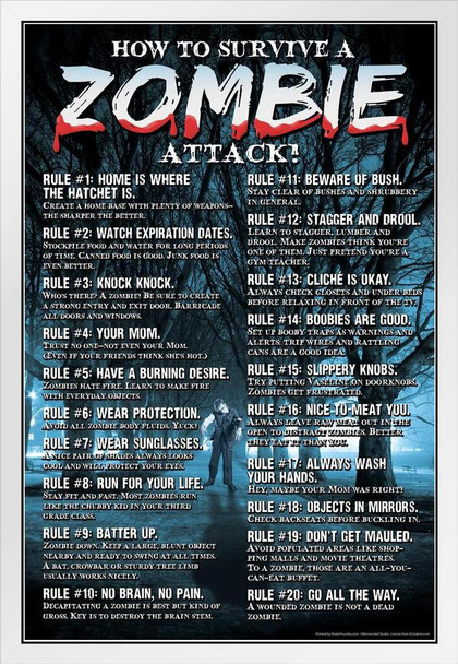 How To Survive A Zombie Attack Rules Guide Horror Movie Spooky Scary Halloween Decorations White Wood Framed Art Poster 14x20