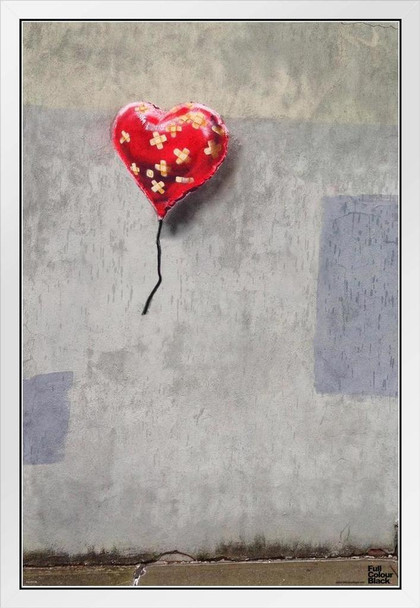 Banksy Bandaged Heart Graffiti Stencil Street Art Urban Spray Paint Artist White Wood Framed Poster 14x20