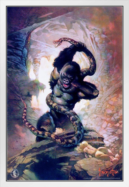 Frank Frazetta 8th Wonder Gorilla Snake Fantasy Science Fiction Horror Artwork Artist Retro Vintage Comic Book Cover 1970s White Wood Framed Poster 14x20