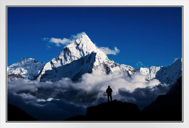 Man Hiking Silhouette In Mount Everest Himalayan Mountains Photo White Wood Framed Poster 20x14