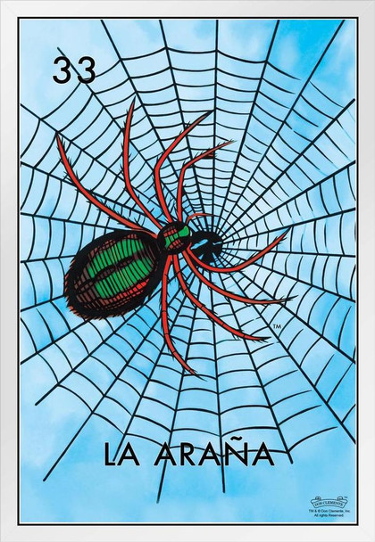 33 La Arana Spider Loteria Card Mexican Bingo Lottery White Wood Framed Poster 14x20