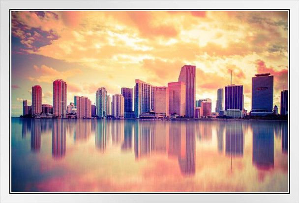 Miami Florida Biscayne Bay City Skyline Reflecting Water Photo White Wood Framed Poster 20x14