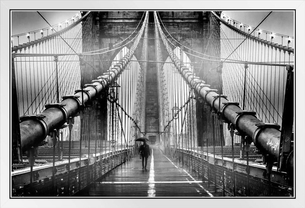 Man With Umbrella On Foggy Brooklyn Bridge At Dusk Black and White Photo Photograph White Wood Framed Poster 20x14