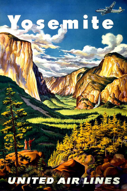 Visit Yosemite National Park California Half Dome Mountain Fly United Air Lines Camping Hiking Rock Climbing Nature Vintage Illustration Travel Cool Huge Large Giant Poster Art 36x54