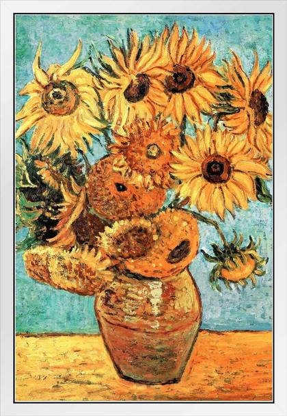 Vincent Van Gogh Vase With Twelve Sunflowers Van Gogh Wall Art Impressionist Painting Style Nature Spring Flower Wall Decor Vase Bouquet Poster Romantic Artwork White Wood Framed Art Poster 14x20