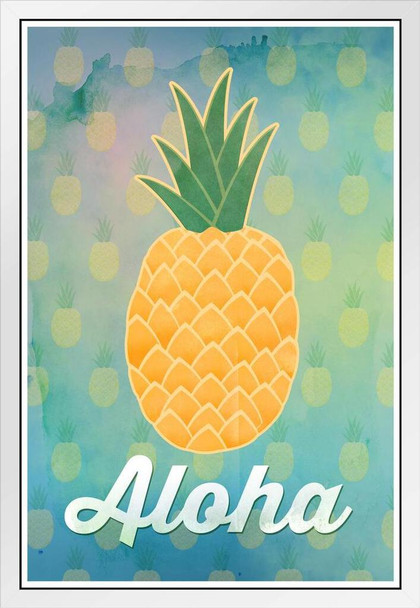 Aloha Pineapple Hawaii Hawaiian Fruit Welcome Decoration Beach Sunset Palm Landscape Pictures Ocean Scenic Scenery Tropical Nature Photography Paradise Scenes White Wood Framed Art Poster 14x20