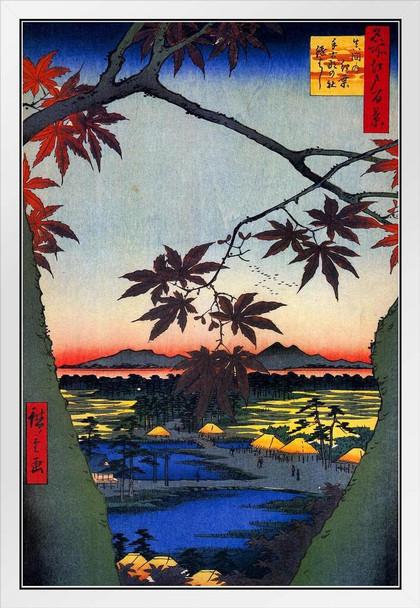 Maple Trees at Mama Tekona Shrine by Utagawa Hiroshige Poster 1857 Tsugi Bridge Woodblock White Wood Framed Art Poster 14x20