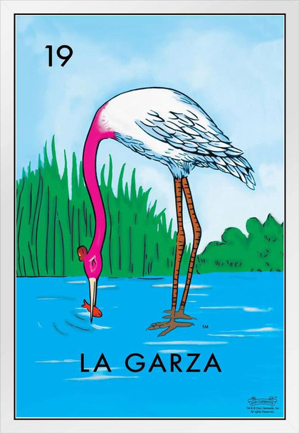 19 La Garza Heron Loteria Card Mexican Bingo Lottery White Wood Framed Poster 14x20