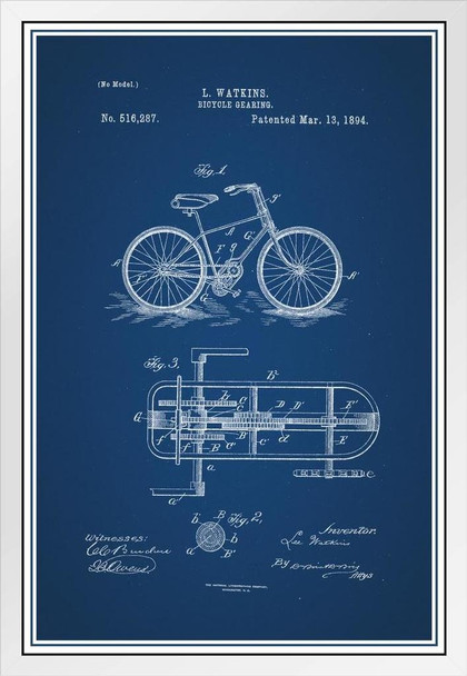 Bicycle Gearing Official Patent Blueprint White Wood Framed Poster 14x20