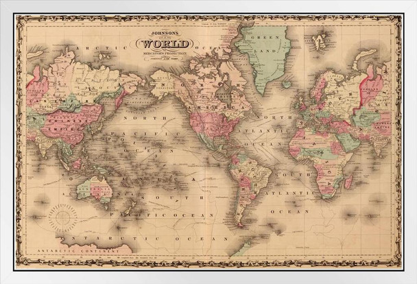 Map Of The World Mercators Projection A J Johnson 1860 Vintage Historical Cartographic Print White Wood Framed Poster 20x14