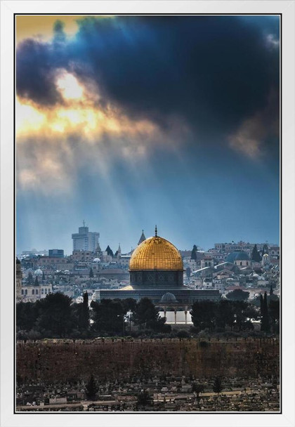 Old City of Jerusalem Skyline Dome of the Rock Photo Photograph White Wood Framed Poster 20x14