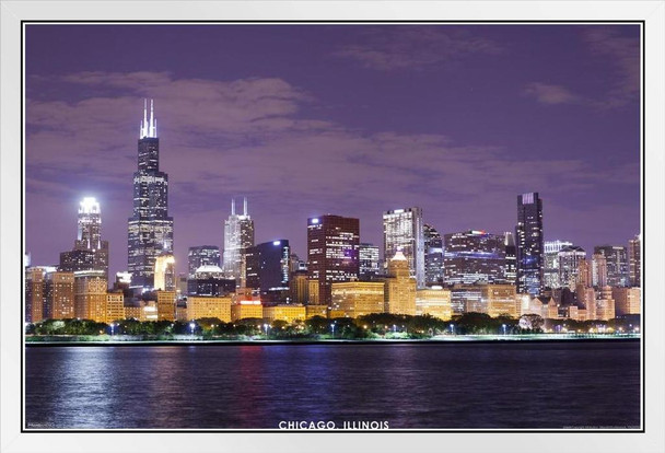 Chicago Illinois Skyline City Lights Lake Michigan View At Night Color Photograph Art White Wood Framed Poster 14x20