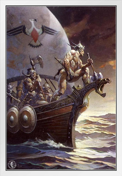 Viking Poster Gothic Fantasy Wall Art Kane on The Golden Sea by Frank Frazetta White Wood Framed Art Poster 14x20