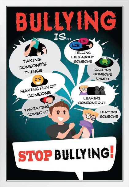 Stop Bullying Classroom Sign Kindness Respect Tolerance Good Behavior Educational Teacher Learning Homeschool Chart Display Supplies Teaching Aide White Wood Framed Art Poster 14x20