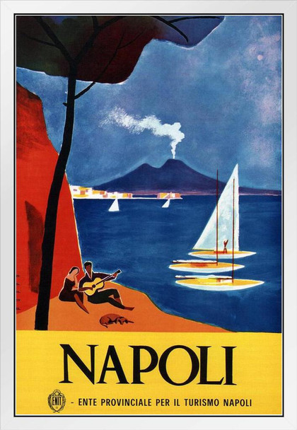 Napoli Naples Italy Seaside Resort Boating Vintage Travel White Wood Framed Poster 14x20