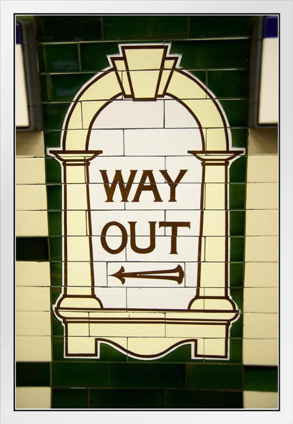 Way Out London Underground Exit Sign Wall Tiles White Wood Framed Art Poster 14x20