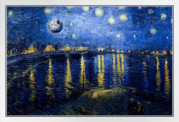 Hidden Spaceship Starry Night Over the Rhone Van Gogh Art Humor UFO Space Ship Alien Secret Find White Wood Framed Art Poster 14x20