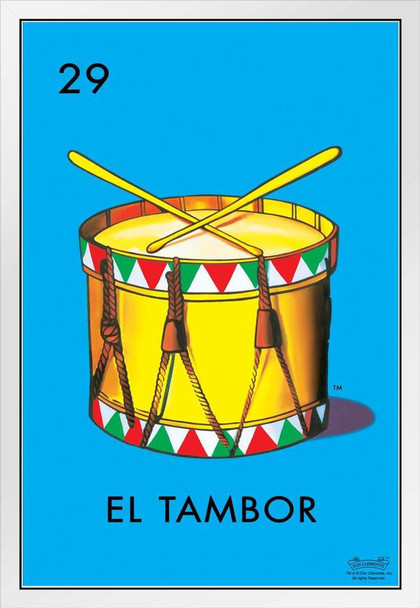 29 El Tambor Drum Loteria Card Mexican Bingo Lottery White Wood Framed Poster 14x20