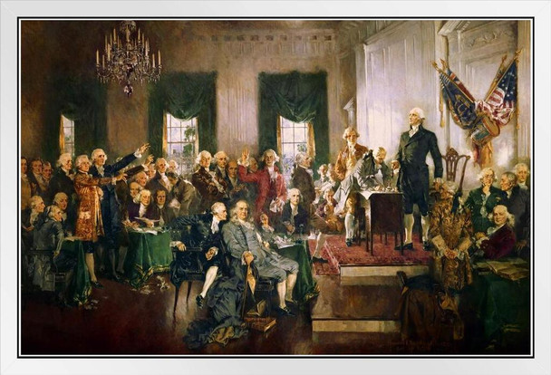 Signing Of The Constitution Howard Chandler Christy Historic Scene Painting USA America Founding Liberty Independence American Document Motivational White Wood Framed Art Poster 20x14