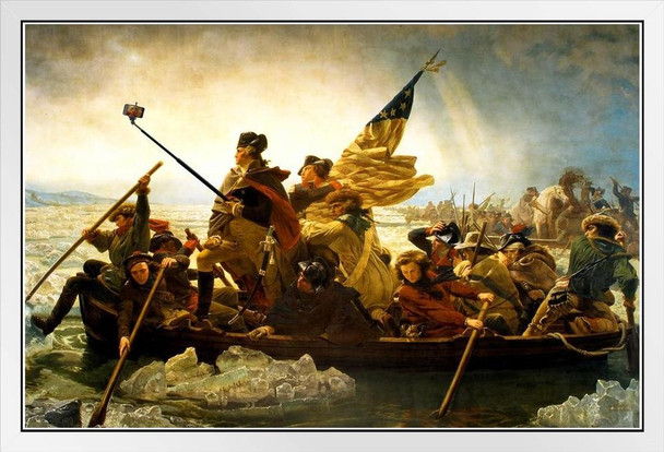 George Washington Crossing Delaware Selfie Funny Poster Taking Selfie Stick in Boat Art Humor Parody White Wood Framed Art Poster 14x20