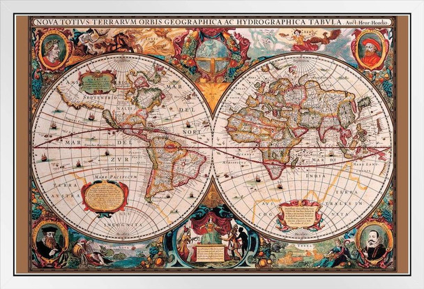 World Map 17th Century White Wood Framed Poster 20x14