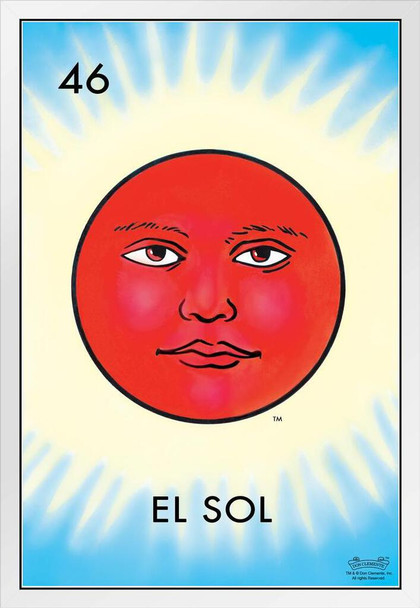46 El Sol Sun Loteria Card Mexican Bingo Lottery Day Of Dead Dia Los Muertos Decorations Mexico Moon Stars Sky Sugar Skull Party Spanish Native Sign White Wood Framed Art Poster 14x20