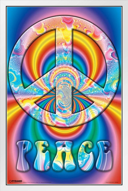 Peace Symbol Rainbow Swirl Psychedelic Hippy White Wood Framed Poster 14x20