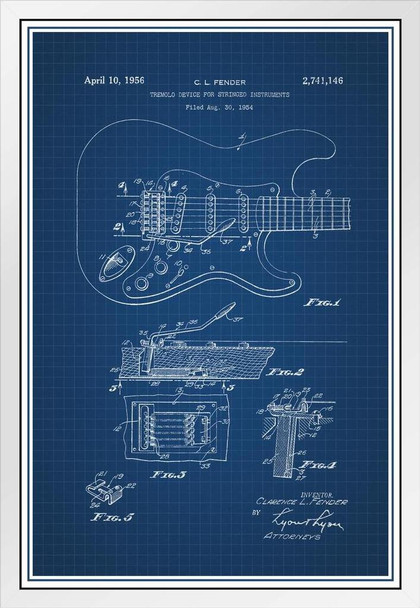 Electric Guitar 1956 Official Patent Office Blueprint Design Stringed Instrument Rock Roll Music Band Strings Frets Diagram Decoration White Wood Framed Art Poster 14x20