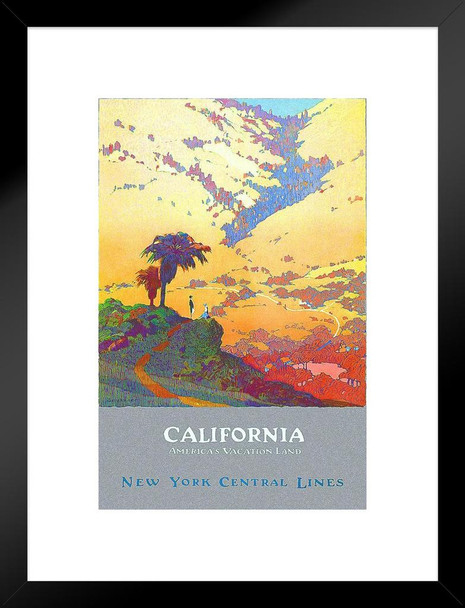 California Americas Vacation Land New York Central Lines Trans Continental Railroad Railway Vintage Illustration Travel Matted Framed Wall Decor Art Print 20x26