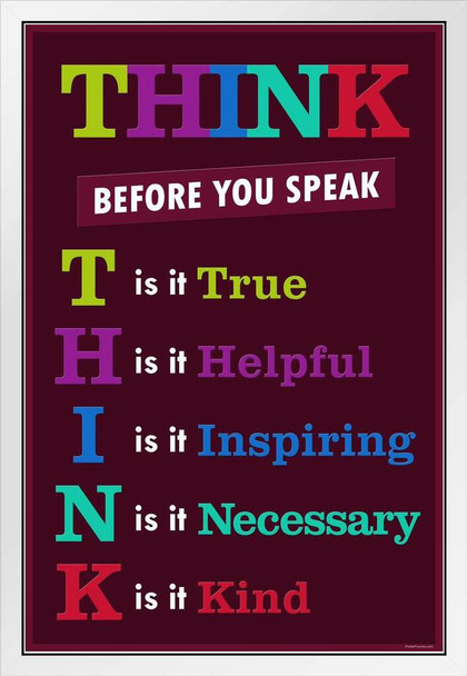 Classroom Sign Think Before You Speak Motivaltional Inspirational Educational Rules Teacher Supplies School Toddler Kids Elementary Learning Decorations Purple White Wood Framed Art Poster 14x20