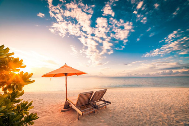 Beach Chairs Umbrella on Beautiful Maldives Beach Photo Photograph Thick Paper Sign Print Picture 12x8