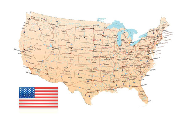 United States USA Decorative Highway Map with Flag US Map with Cities in Detail Map Posters for Wall Map Art Wall Decor Country Illustration Tourist Destinations Thick Paper Sign Print Picture 12x8