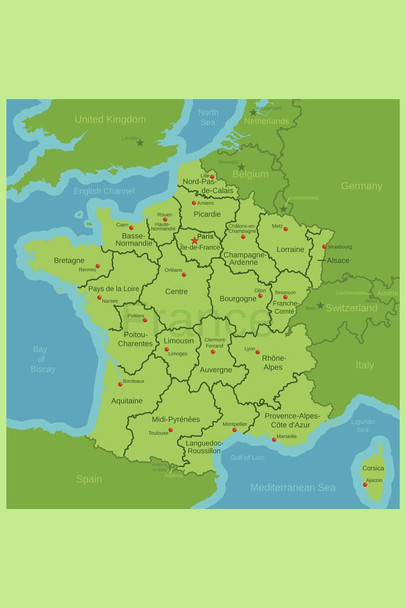 Regions of France Map Thick Paper Sign Print Picture 8x12