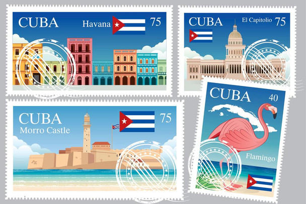 Cuban Landmarks Travel Stamps Thick Paper Sign Print Picture 12x8