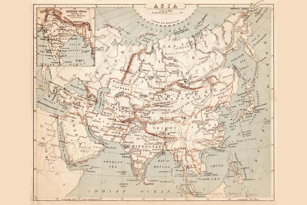 Asia 1869 Vintage Antique Style Map Travel World Map with Cities in Detail Map Posters for Wall Map Art Wall Decor Geographical Illustration Travel Destinations Thick Paper Sign Print Picture 12x8