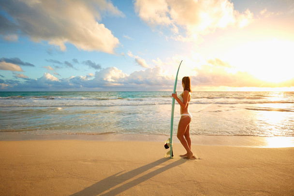 Asian Woman Beauty Holding Surfboard Sandy Beach Photo Photograph Cool Wall Decor Art Print Poster 18x12