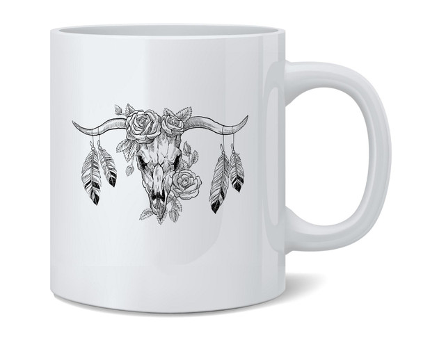 Bull Skull With Roses and Feathers Graphic Retro Ceramic Coffee Mug Tea Cup Fun Novelty Gift 12 oz