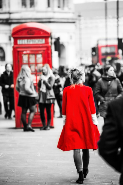 Woman In Red Coat Selected Color London Streets Photo Photograph Cool Wall Decor Art Print Poster 12x18
