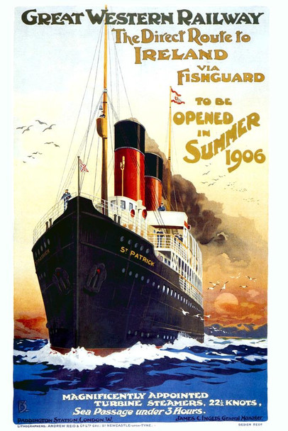 Laminated GWR Great Western Railway Ireland via Fishguard Ocean Liner Cruise Ship Summer 1906 Vintage Illustration Travel Poster Dry Erase Sign 12x18