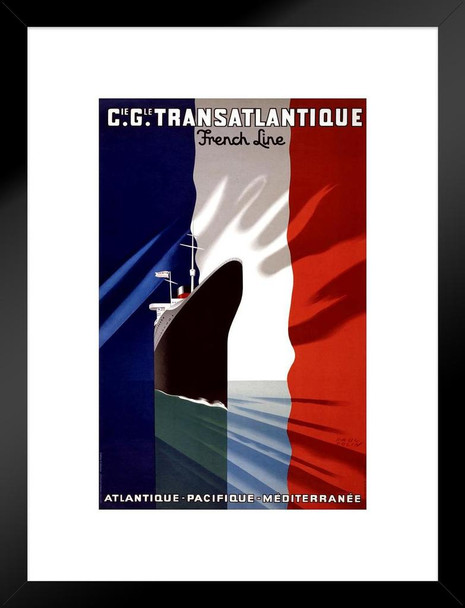 France Transatlantique Line French Flag Ocean Liner Cruise Ship Atlantic Pacific Ocean Vintage Illustration Travel Cool Wall Decor Matted Framed Wall Decor Art Print 20x26